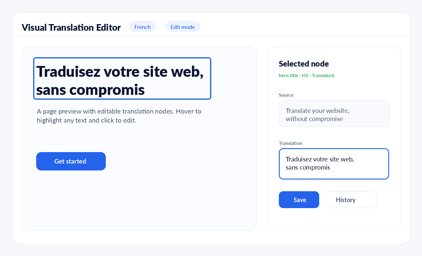 Visual translation editor showing in-context French copy editing