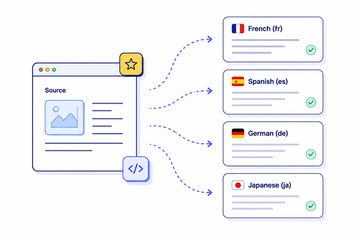 One source page connected to completed French, Spanish, German, and Japanese routes